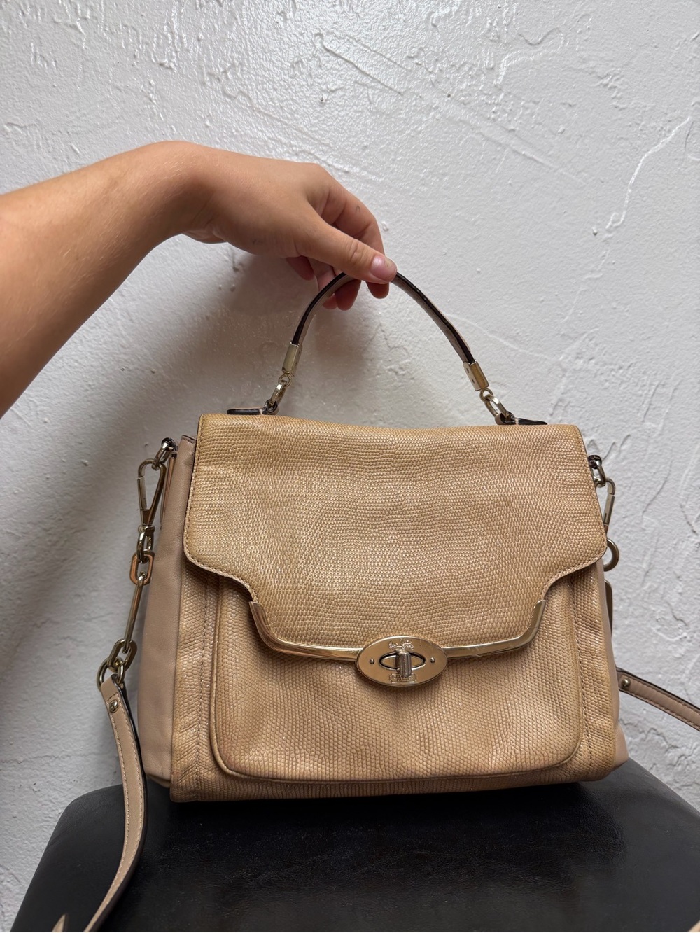 Beige Lizard-embossed Leather Coach Madison Sadie Flap Satchel - Picture 2 of 16